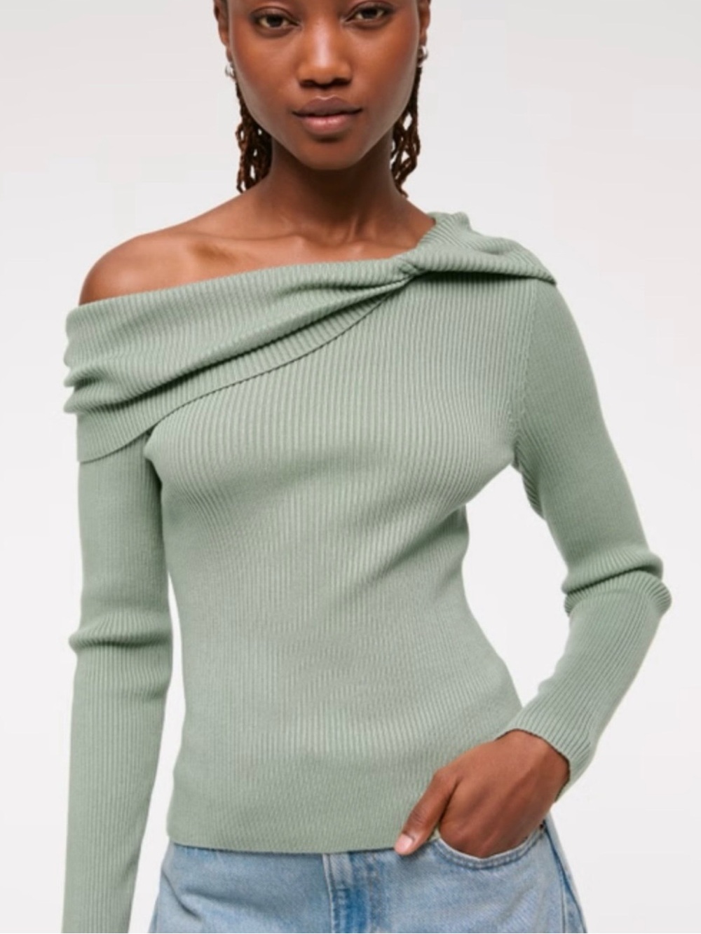 Abercrombie & Fitch Asymmetrical Off-the-Shoulder Twist Sweater Sage Olive Green